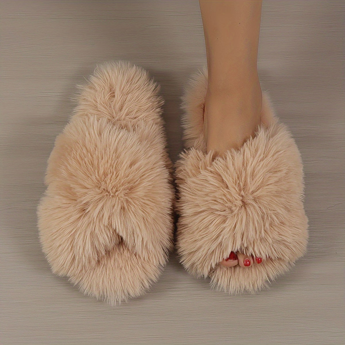 Fashion Plush Slippers, Plush Lined Fluffy Faux Fur Slides, Indoor Comfortable Antislip PVC Sole