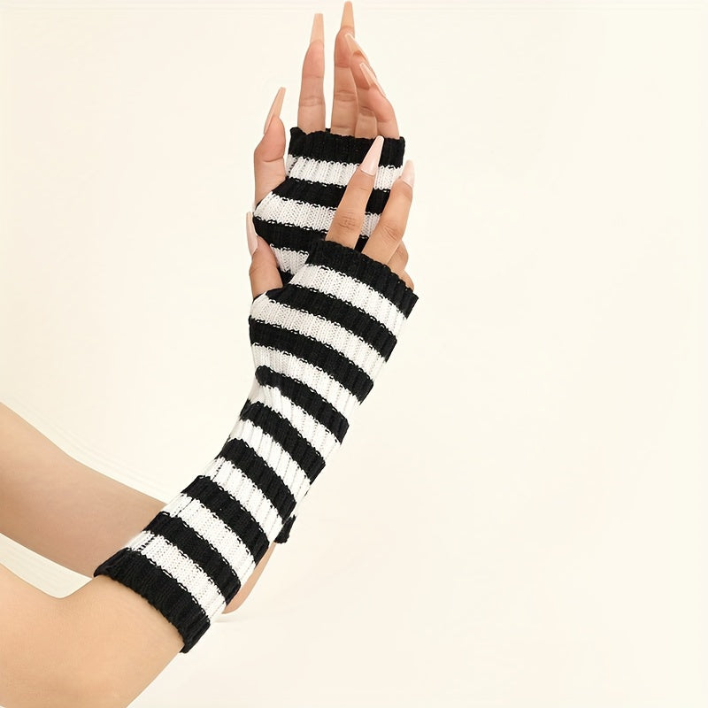 Long Thermal Striped Knit Gloves - Soft Elastic Cuff, Warm Arm Coverage, Fingerless Coldproof Design for Unisex - Perfect for Autumn and Winter Seasons