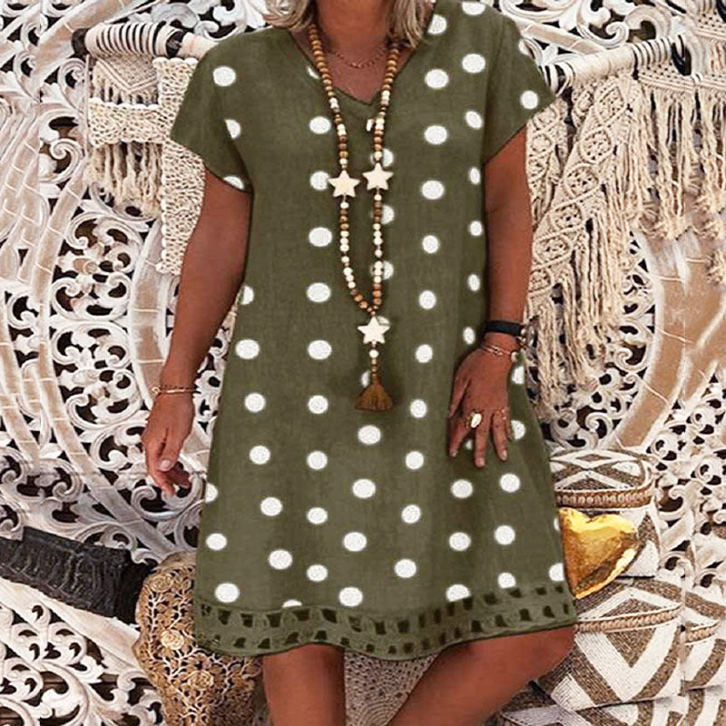 2025 New spring and summer new  2025 women's dress fashion polka dot short-sleeved V-neck printed skirt