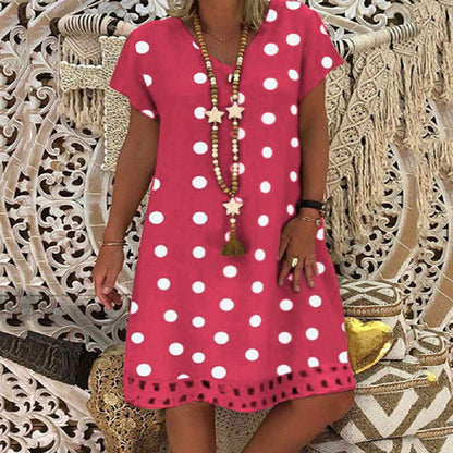 2025 New spring and summer new  2025 women's dress fashion polka dot short-sleeved V-neck printed skirt