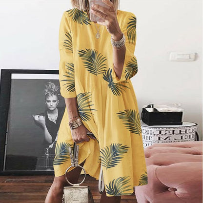 2025 New spring and summer new 2025 women's clothing retro printing crew neck dress digital printing multi-color skirt