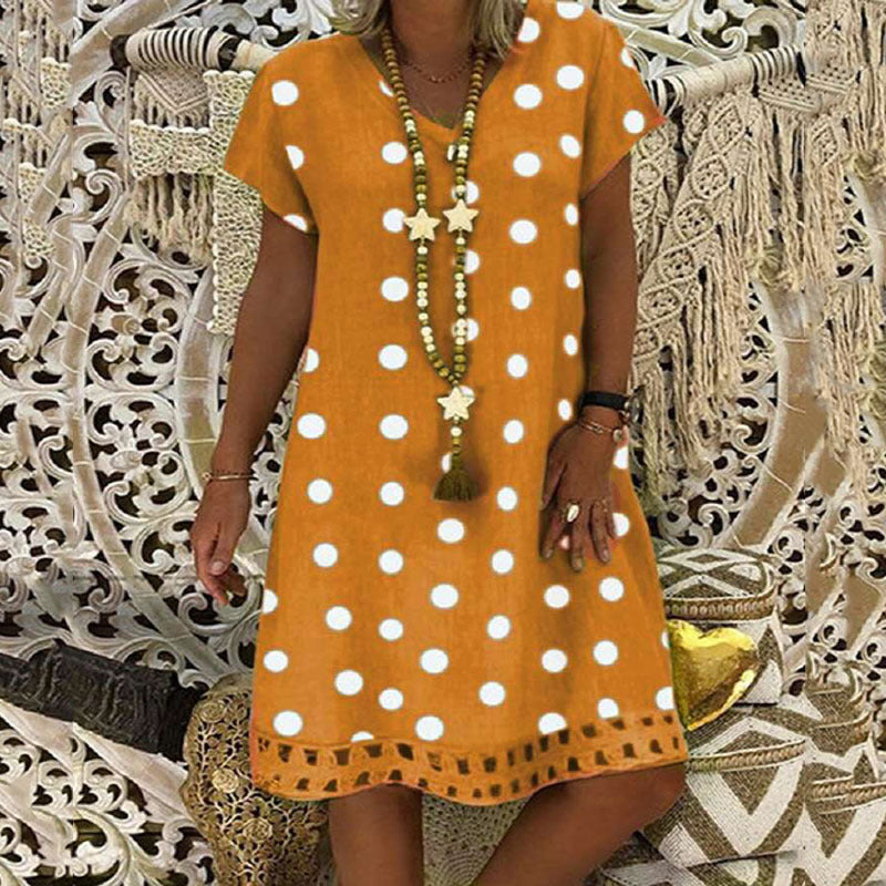 2025 New spring and summer new  2025 women's dress fashion polka dot short-sleeved V-neck printed skirt