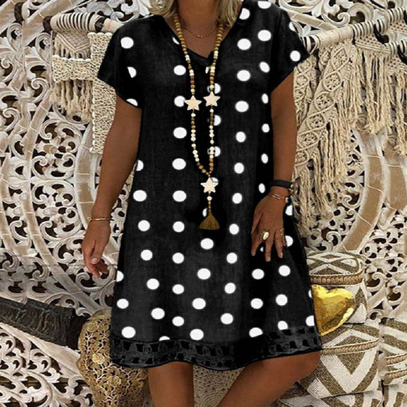 2025 New spring and summer new  2025 women's dress fashion polka dot short-sleeved V-neck printed skirt