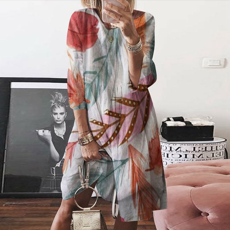 2025 New spring and summer new 2025 women's clothing retro printing crew neck dress digital printing multi-color skirt