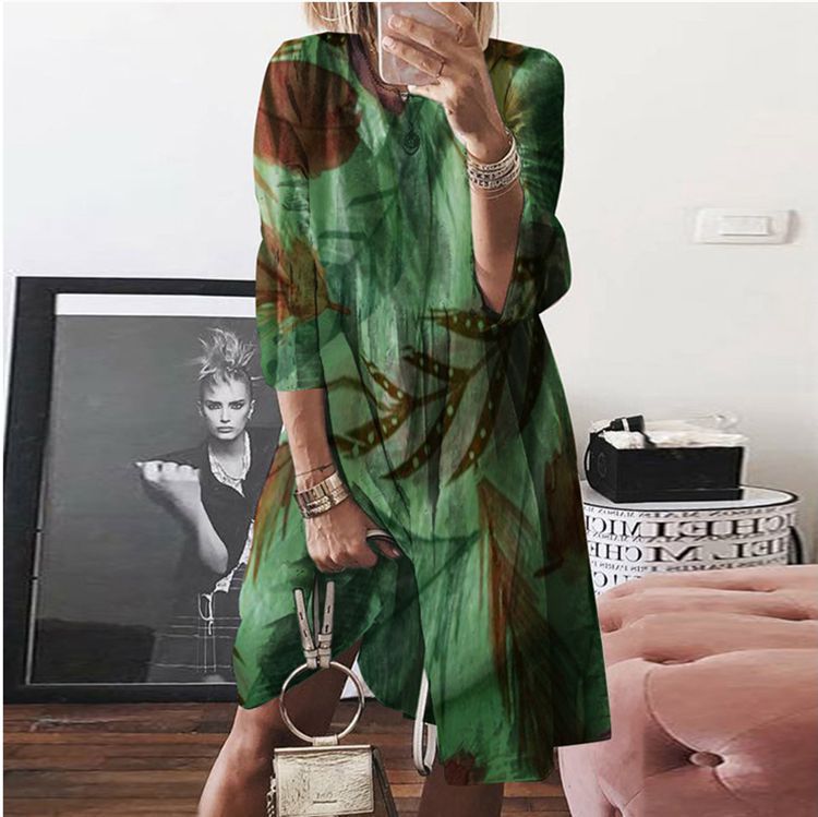 2025 New spring and summer new 2025 women's clothing retro printing crew neck dress digital printing multi-color skirt