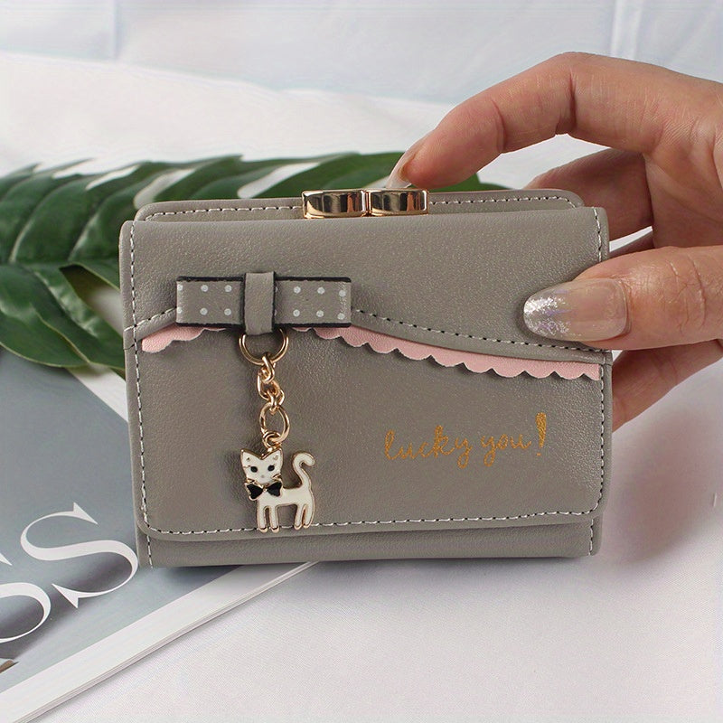 Kawaii Bowknot Decor Short Wallet, Trendy Clutch Coin Purse With Cat Pendant Decor