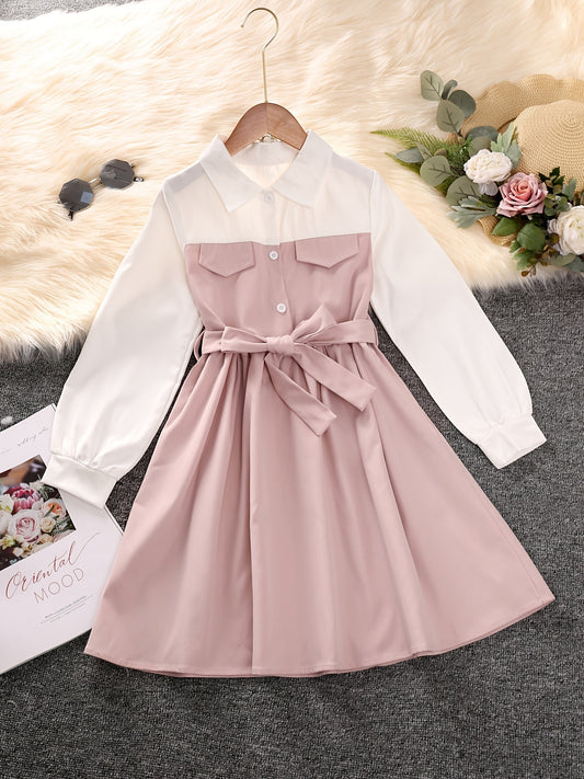 Knee High Colorblock Patchwork Shirting Dress for Girls - Lapel Collar, Long Sleeve, Belted, Flared Hem, Non-Stretch Polyester Fabric, Hand Washable, Perfect for Spring and Fall - Casual, Loose Fit, Regular Sleeve Type