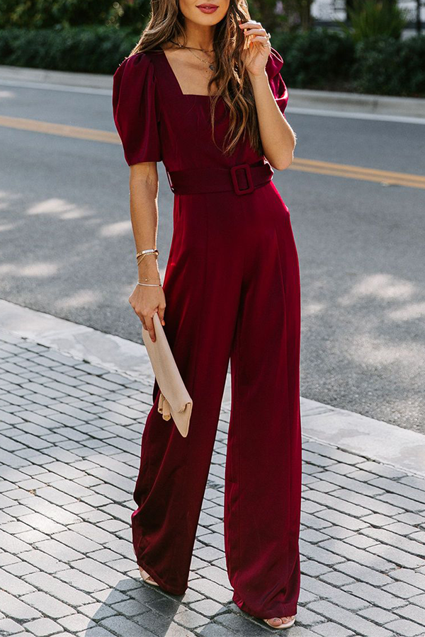 Fashion Elegant Solid Fold With Belt Square Collar Jumpsuits