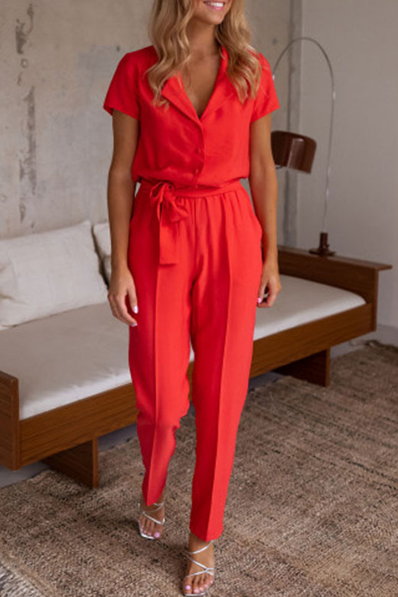 Casual Solid Patchwork Turndown Collar Regular Jumpsuits