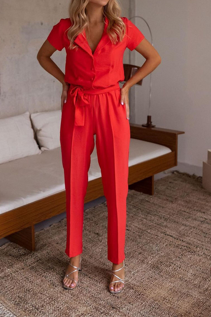 Casual Solid Patchwork Turndown Collar Regular Jumpsuits