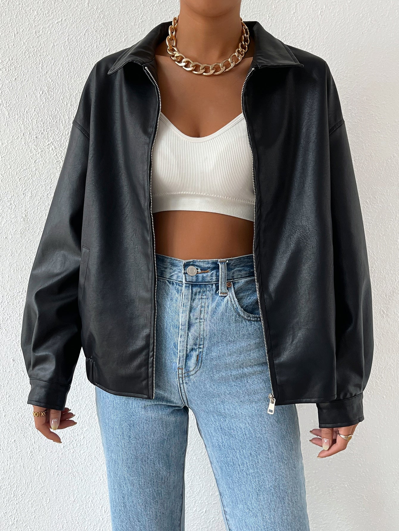 NEW EZwear Drop Shoulder Zip Up PU Cropped Leather Jacket