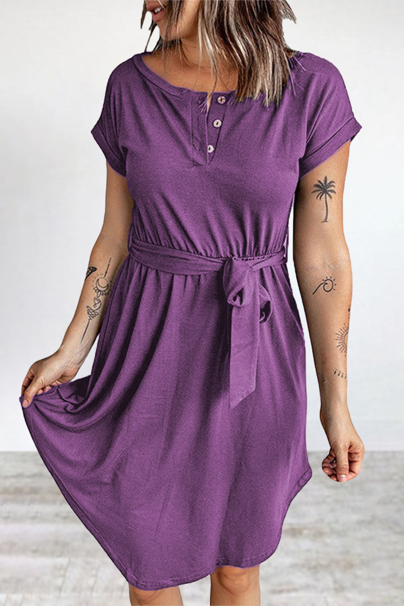 Casual Daily Solid Buttons O Neck Short Sleeve Dress Dresses