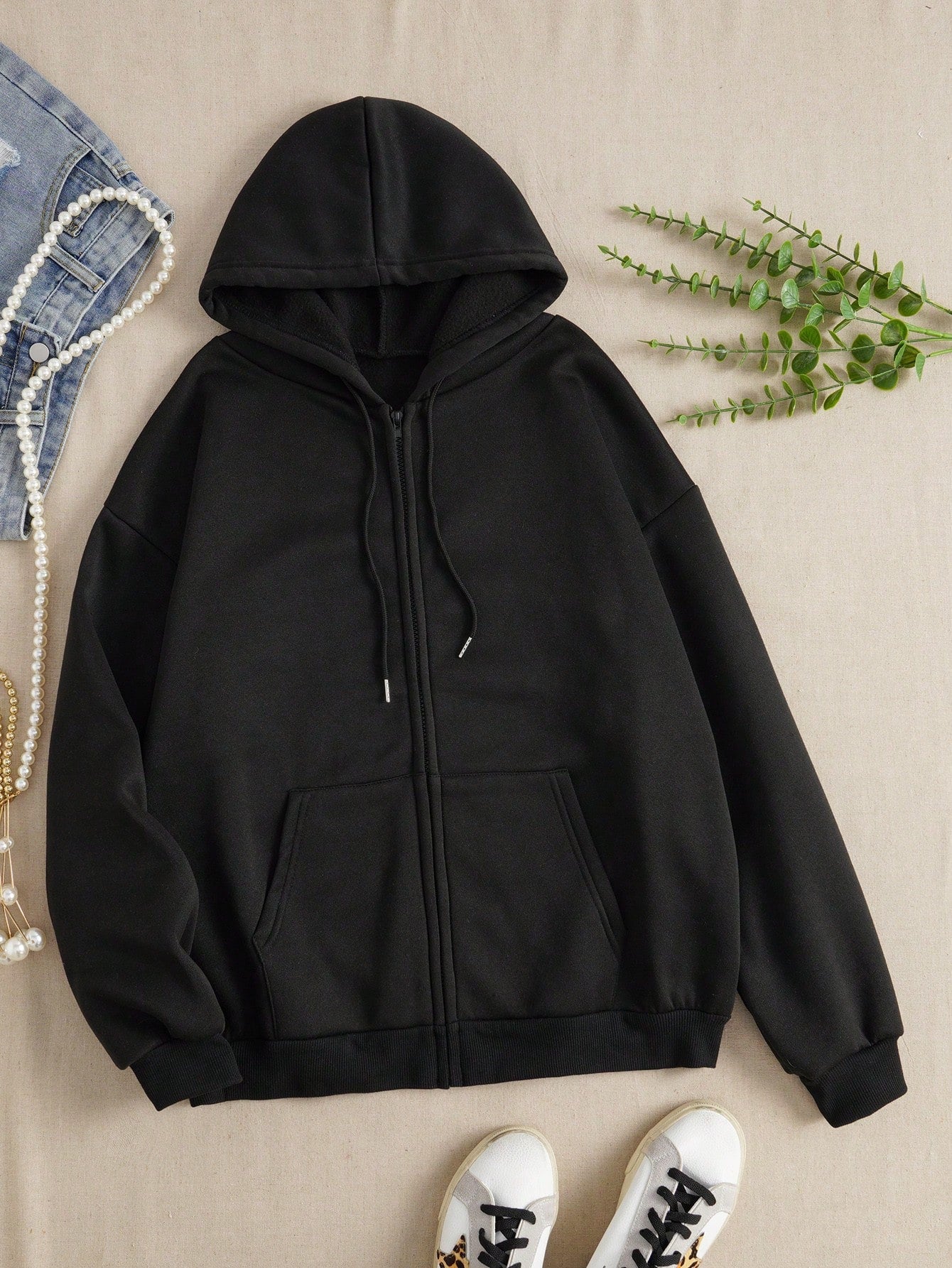 NEW EZwear Solid Drawstring Pocket Zip Up Thermal Lined Hoodie