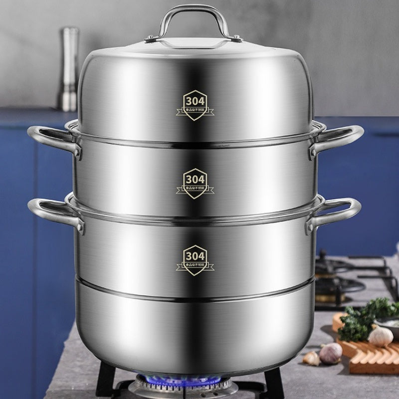 1 Set 3-Tier Premium Stainless Steel Steamer Cookware Set - Kitchen & Dining Essential for Easy Chinese Cooking with Non-Stick Pot, Lids, and Healthy Food Preparation - Space-Saving, Durable, and Easy to Clean Design