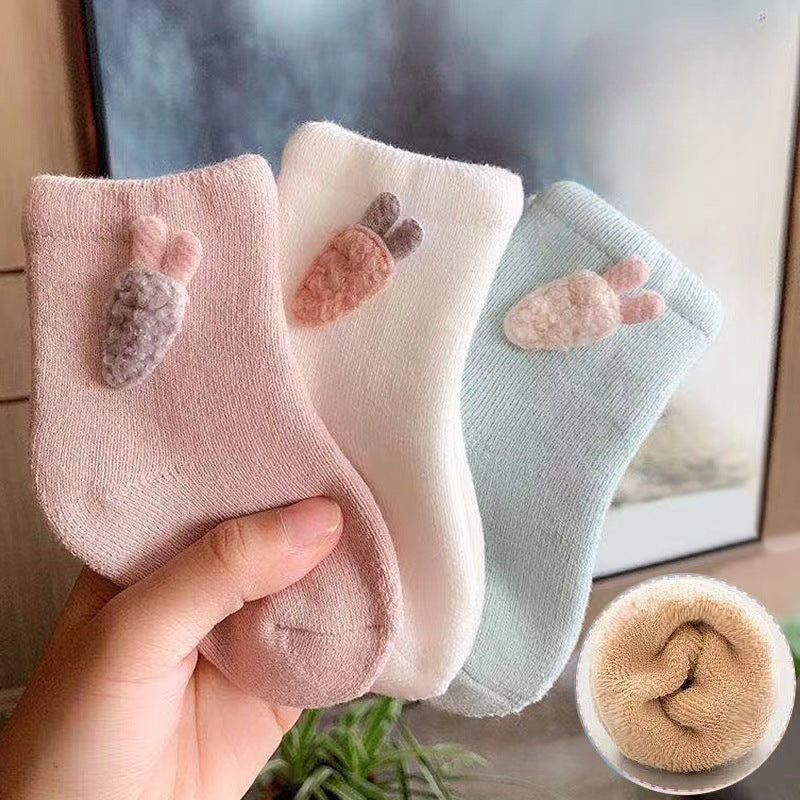 3 Pairs Of Solid Autumn And Winter Baby Girl's Socks Thickened Crew Socks Children's Warm Socks