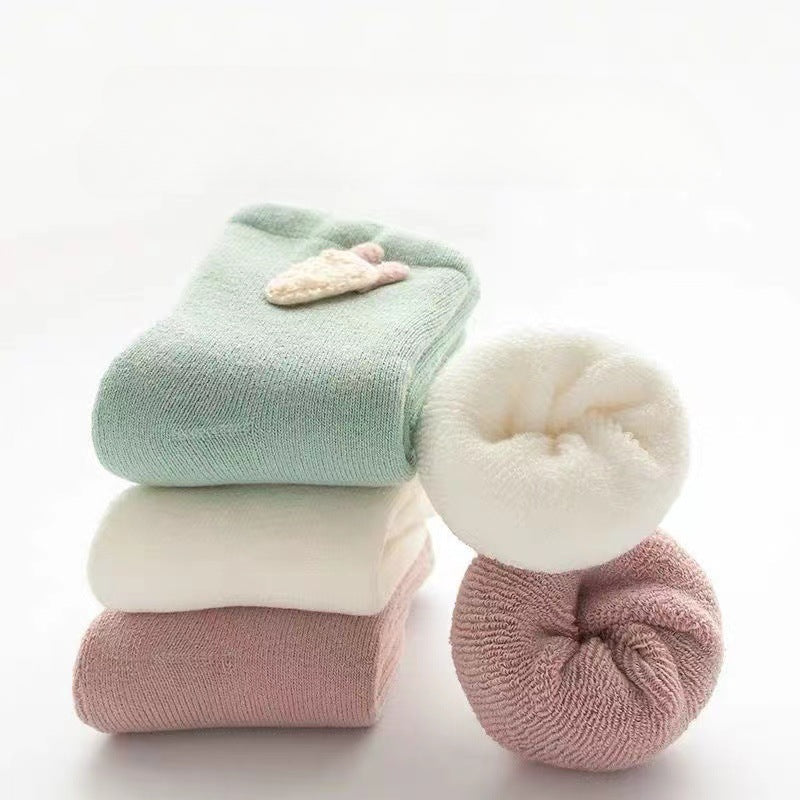 3 Pairs Of Solid Autumn And Winter Baby Girl's Socks Thickened Crew Socks Children's Warm Socks