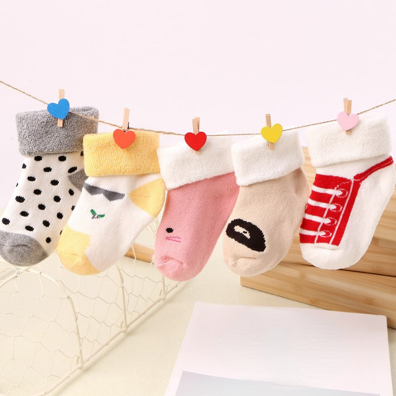 5pairs Baby Boys Girls Kids Thickened Warm Socks Shoes For Autumn Winter, Cartoon Pattern Cute Floor Socks, Toddlers Newborn Infants Children's Trendy Socks