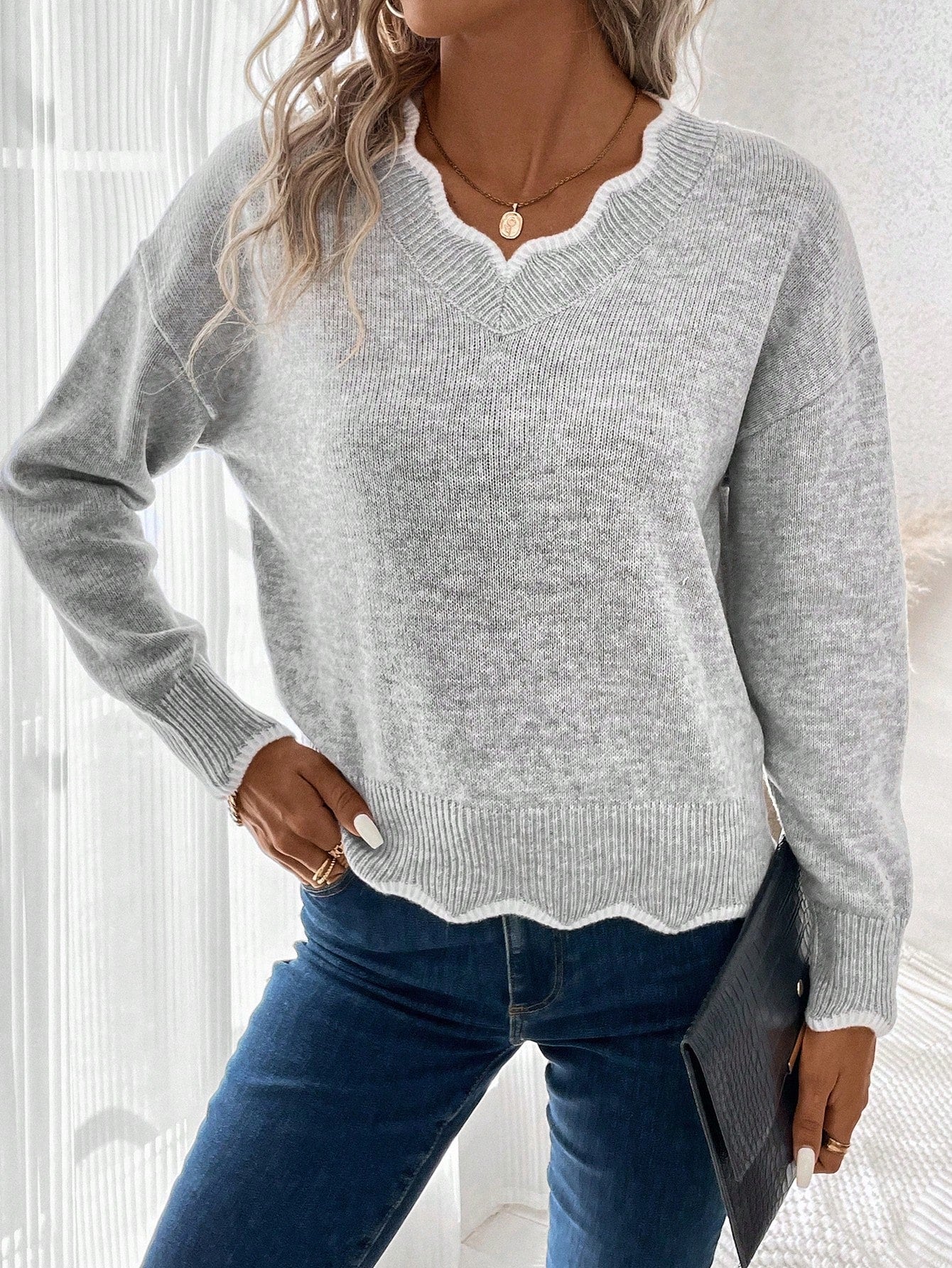 NEW LUNE Contrast Trim Drop Shoulder Sweater