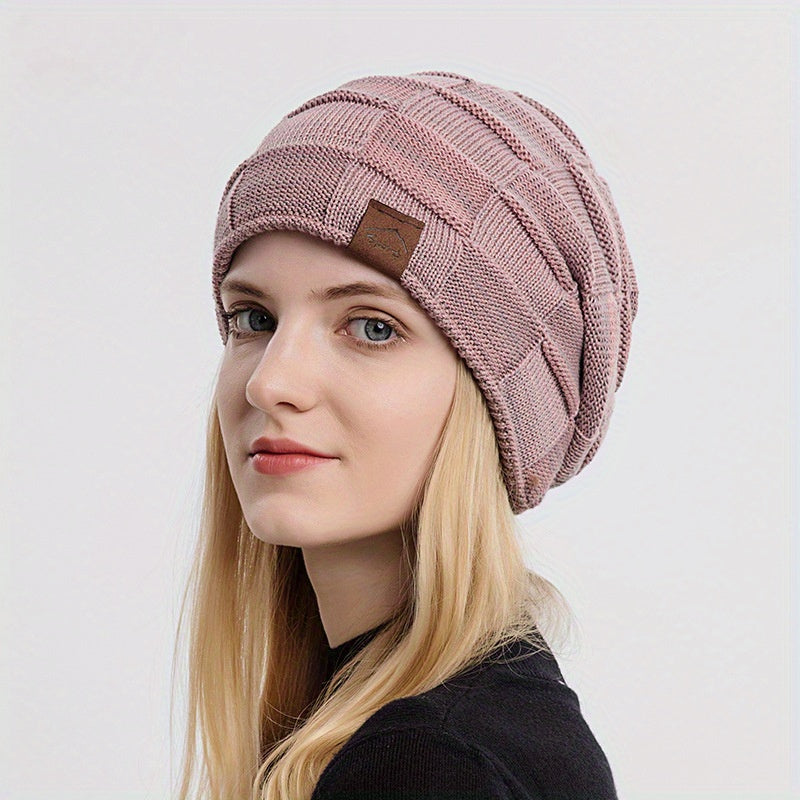 Winter Slouchy Beanie Hat - Soft Acrylic Graphic Plaid Pattern Ear Warmer with Drawstring Closure - Hand Wash Only, Perfect for Halloween, Movie Theme, Fitted Style