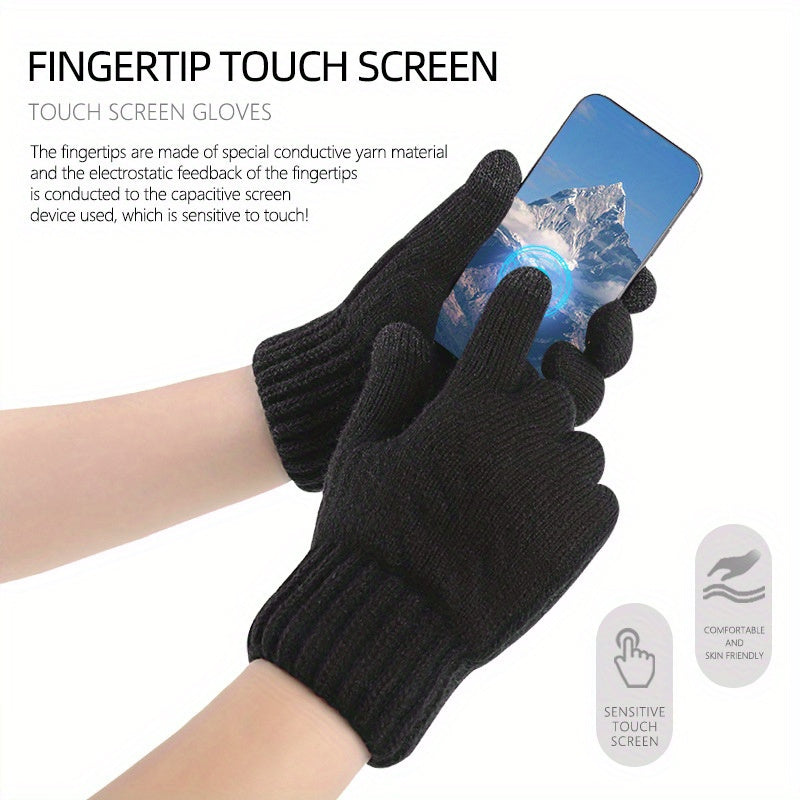 1 Pair Winter Thickened Gloves, Double Layer Velvet Touch Screen Gloves, Windproof Knitted Gloves For Outdoor Cycling Running