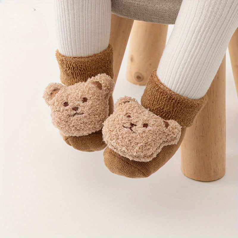 Newborn Baby Autumn And Winter Thickened Warm Non-slip Terry Socks, Baby Cartoon Bear 3D Decor Toddler Floor Socks