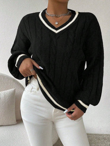 NEW Essnce Striped Trim Cable Knit Drop Shoulder Sweater