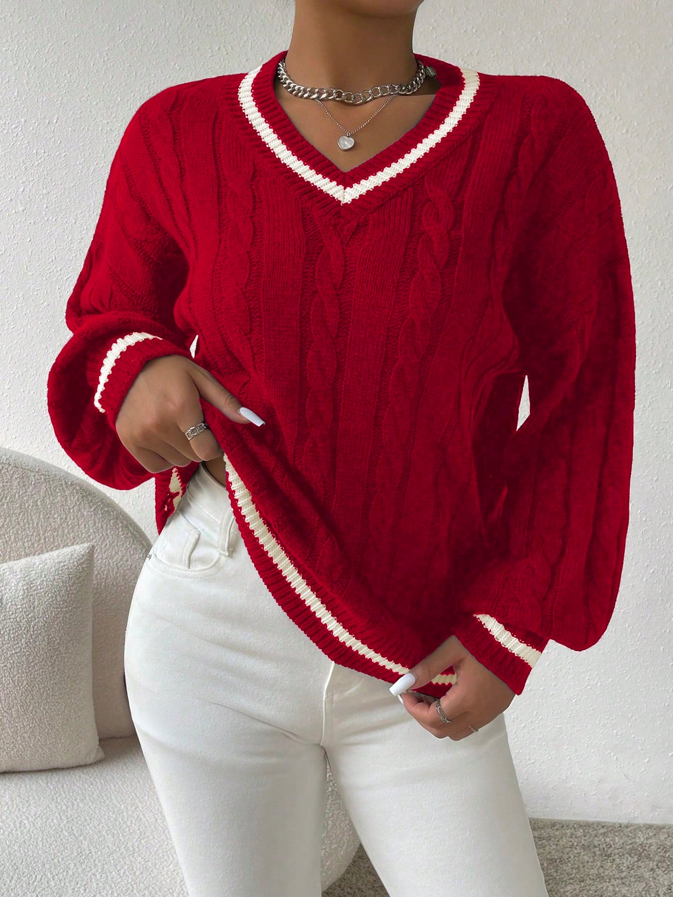 NEW Essnce Striped Trim Cable Knit Drop Shoulder Sweater