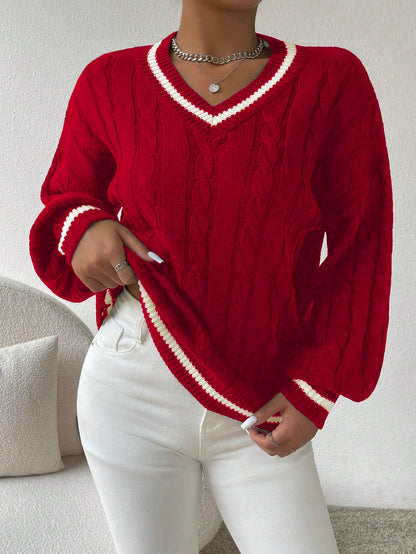 NEW Essnce Striped Trim Cable Knit Drop Shoulder Sweater