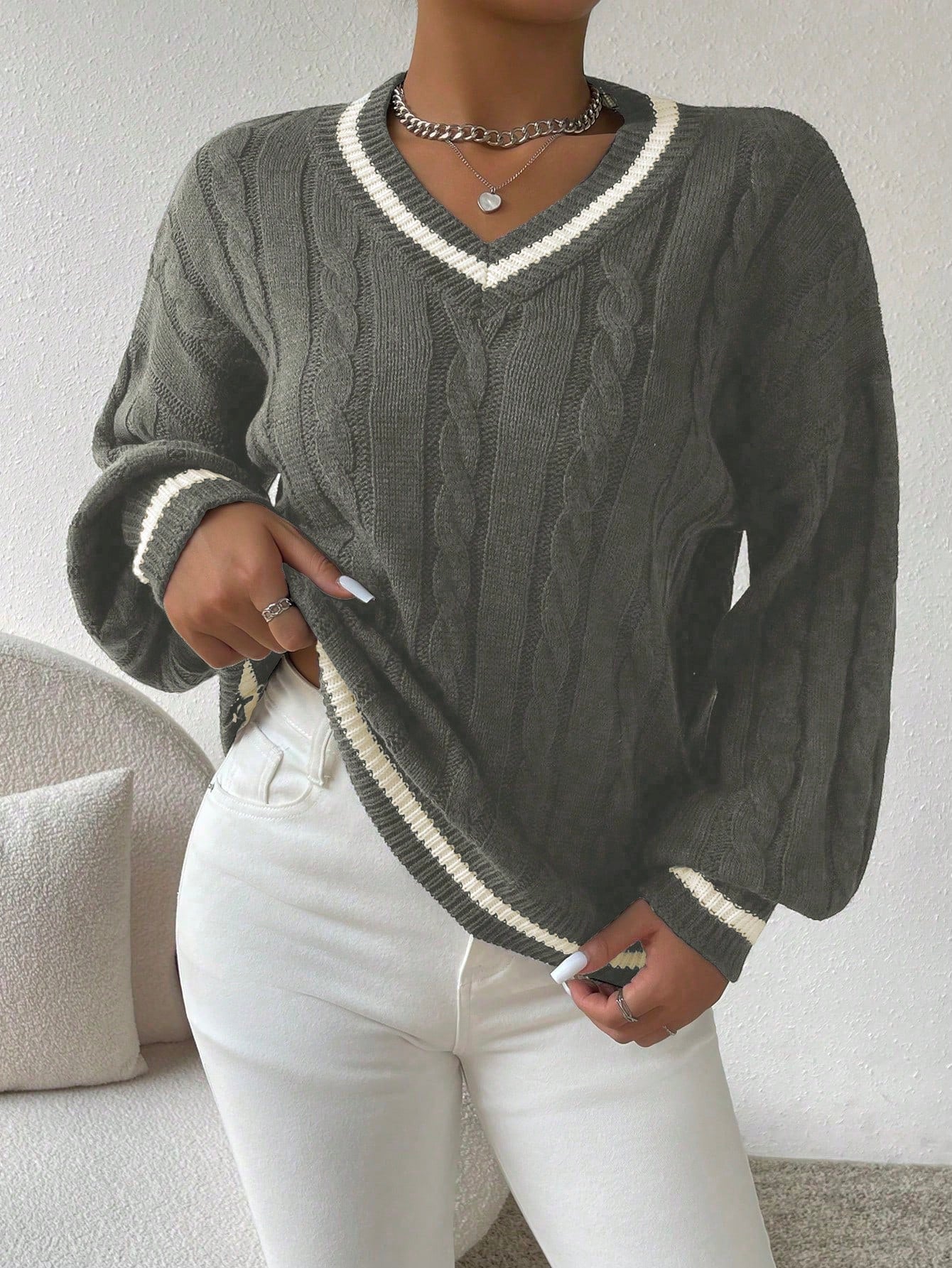 NEW Essnce Striped Trim Cable Knit Drop Shoulder Sweater