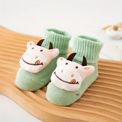 A Pair Of Baby Girl's Trendy Animals Pattern Non Slip Floor Socks, Comfy Breathable Casual Thermal Socks, Winter