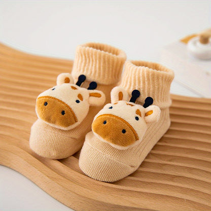 A Pair Of Baby Girl's Trendy Animals Pattern Non Slip Floor Socks, Comfy Breathable Casual Thermal Socks, Winter