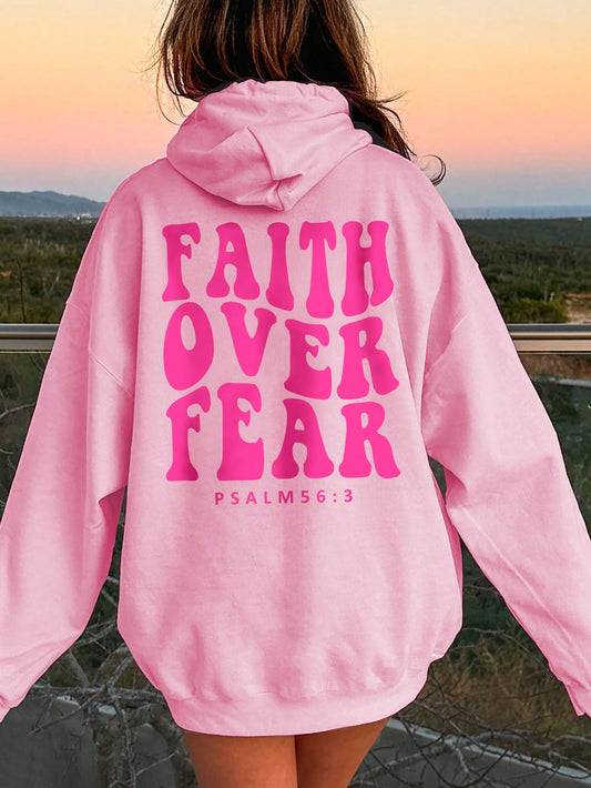 NEW EZwear Women's Hooded Sweatshirt With Slogan Print And Kangaroo Pocket FAITH OVER FEAR PSALM 563