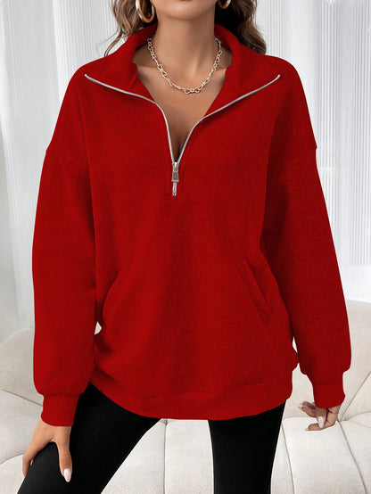 NEW LUNE Women's Solid Color Half-zipper Drop Shoulder Sweatshirt With Zipper