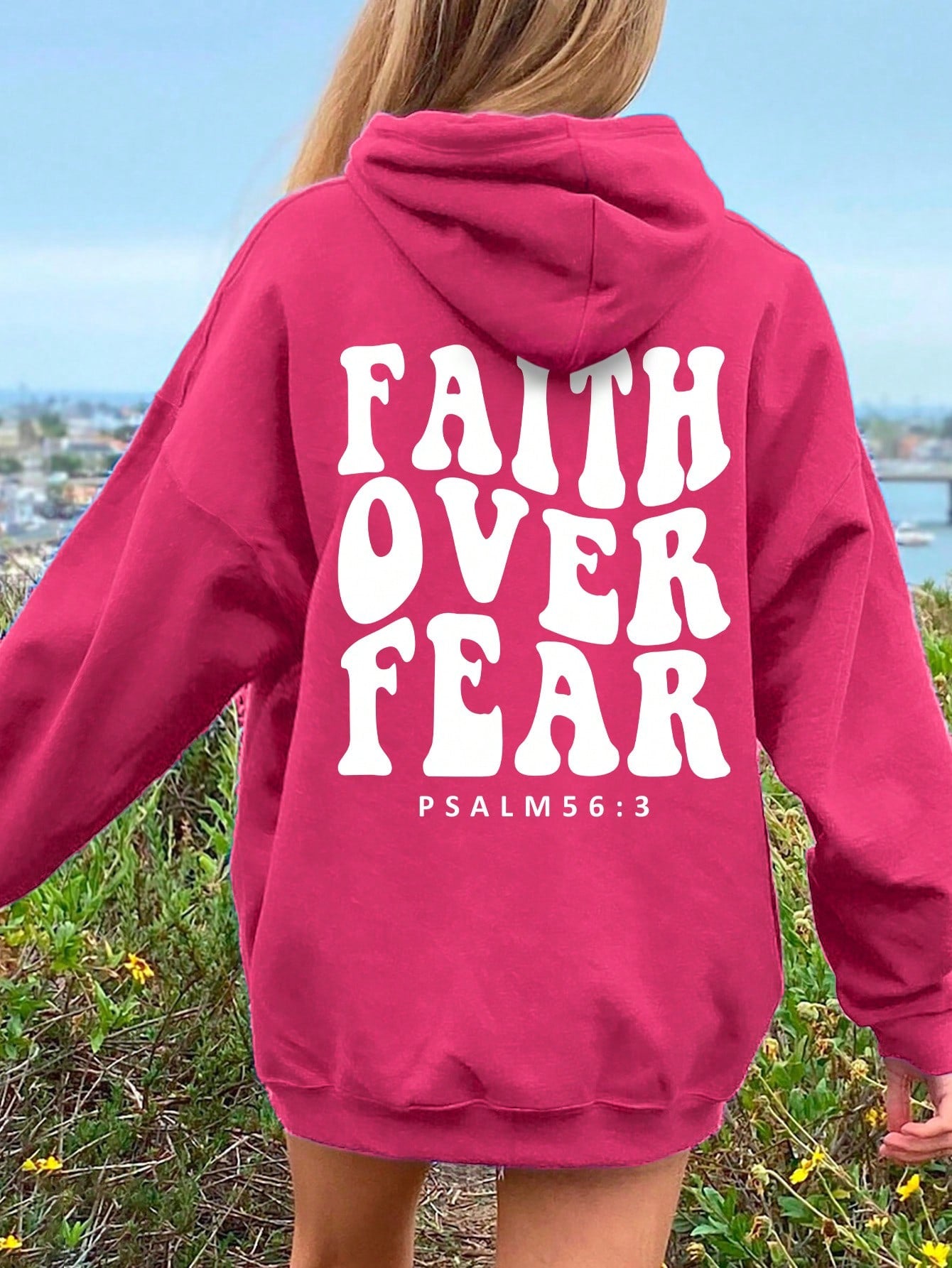 NEW EZwear Women's Hooded Sweatshirt With Slogan Print And Kangaroo Pocket FAITH OVER FEAR PSALM 563