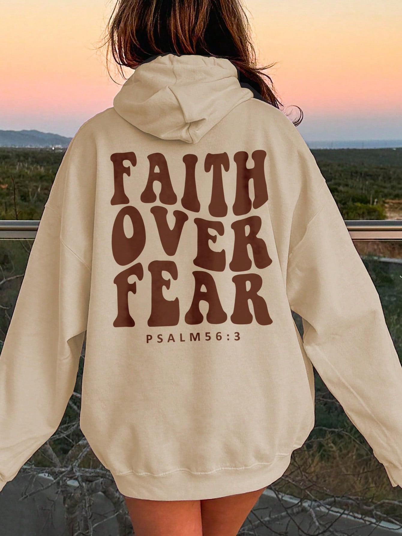 NEW EZwear Women's Hooded Sweatshirt With Slogan Print And Kangaroo Pocket FAITH OVER FEAR PSALM 563