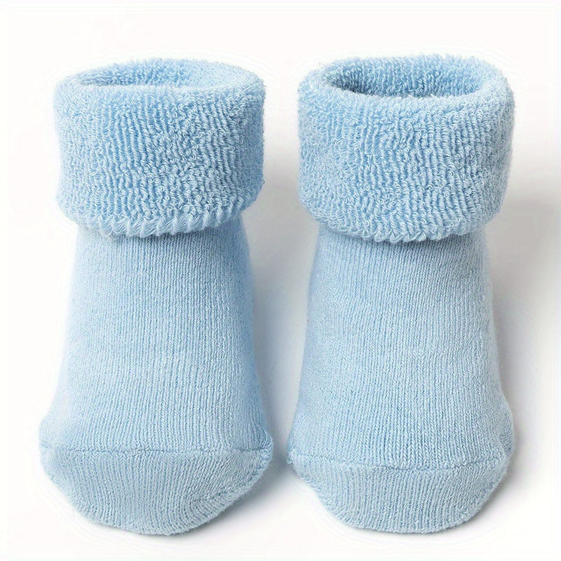 A Pair Of Baby Girl's Solid Thickened Thermal Floor Socks With Good Grip, Comfy Breathable Casual Socks, Winter & Autumn