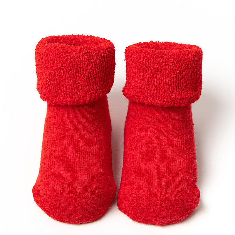 A Pair Of Baby Girl's Solid Thickened Thermal Floor Socks With Good Grip, Comfy Breathable Casual Socks, Winter & Autumn