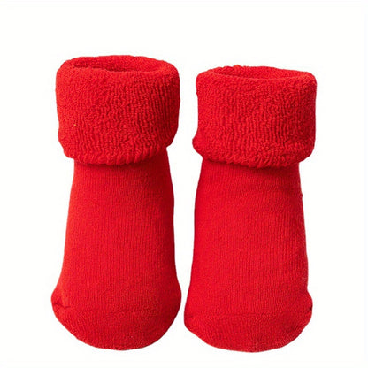 A Pair Of Baby Girl's Solid Thickened Thermal Floor Socks With Good Grip, Comfy Breathable Casual Socks, Winter & Autumn