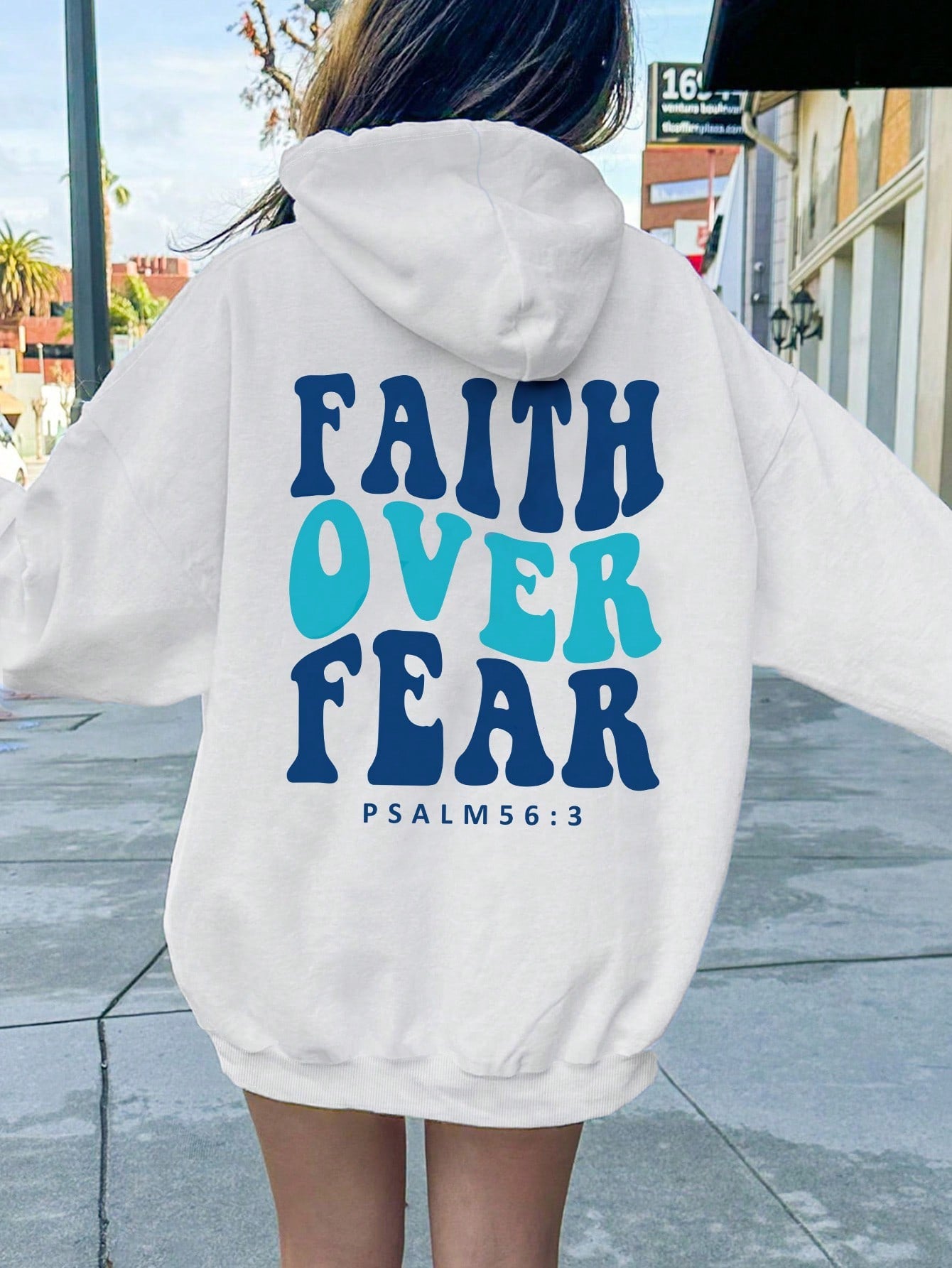 NEW EZwear Women's Hooded Sweatshirt With Slogan Print And Kangaroo Pocket FAITH OVER FEAR PSALM 563