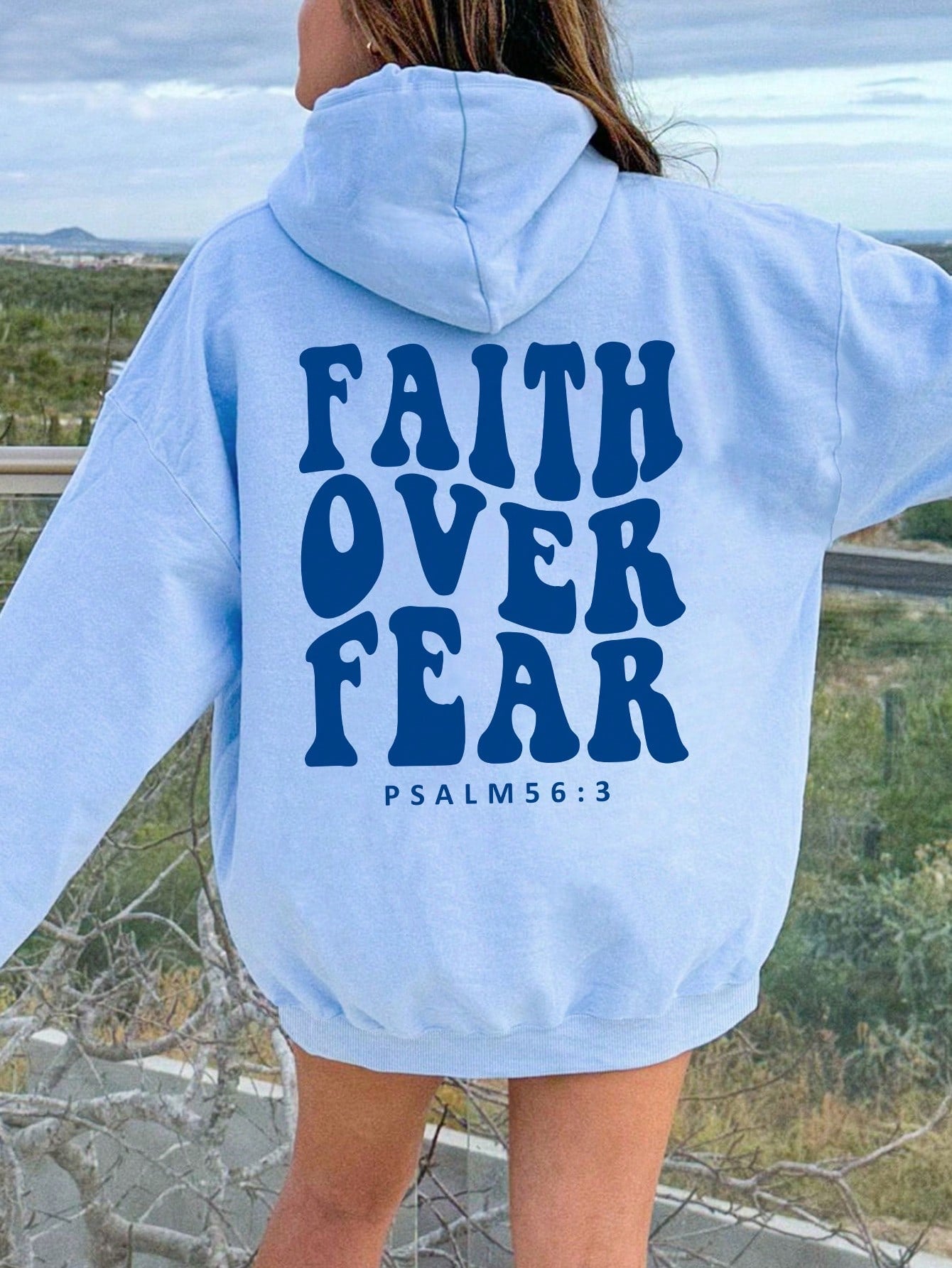 NEW EZwear Women's Hooded Sweatshirt With Slogan Print And Kangaroo Pocket FAITH OVER FEAR PSALM 563