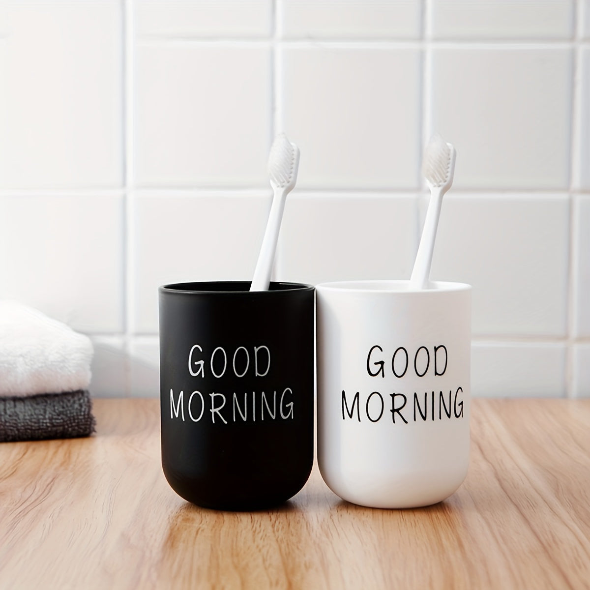 1/2/3pcs Slogan Graphic Mouthwash Cup, Simple Couple Toothbrush Cup, Plastic Gargle Cup, Bathroom Tumbler, Bathroom Accessories, Home Decor