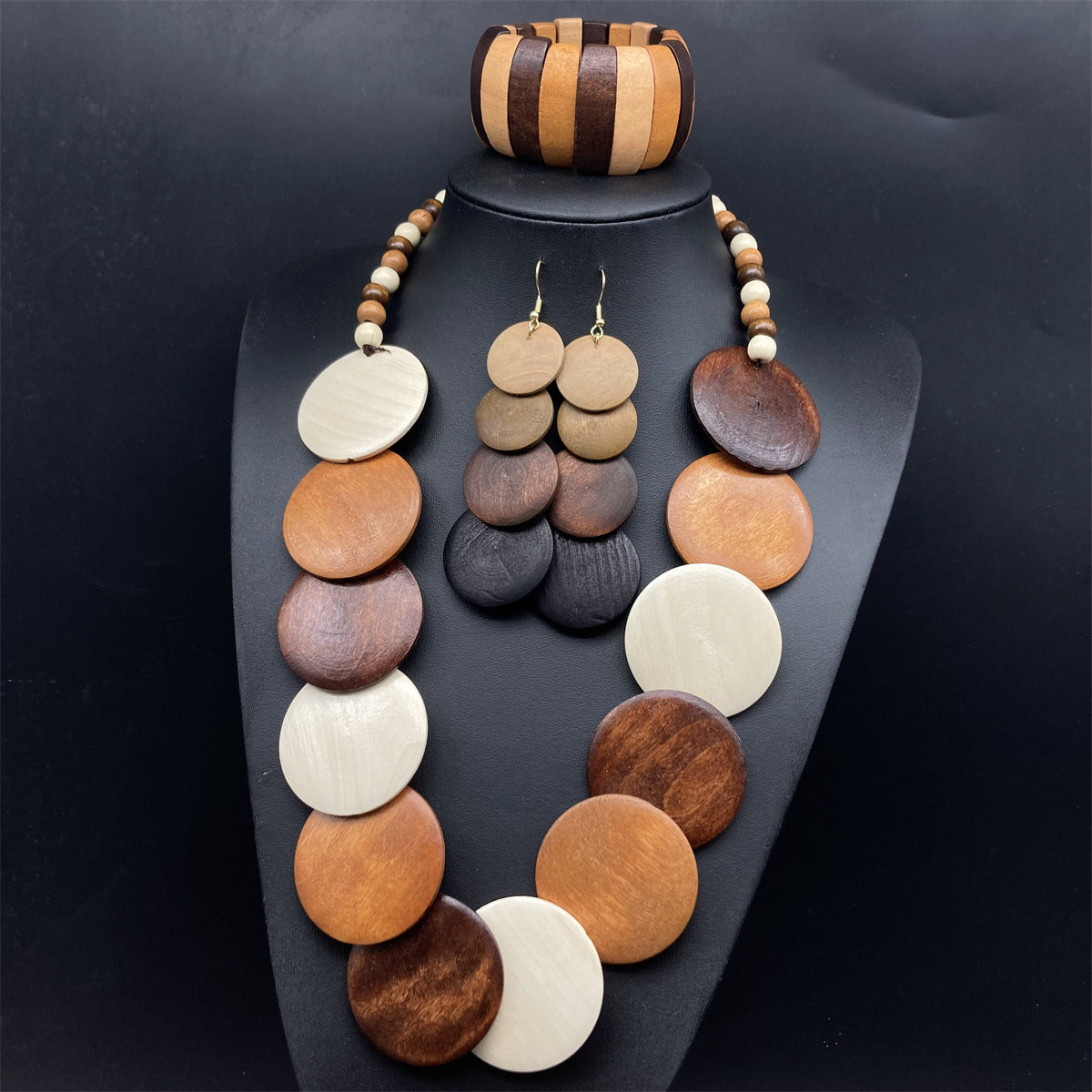 Rustic Bohemian 3-Piece Jewelry Set, Vintage Wooden Necklace, Earrings, and Bracelet Combo, Ethnic Style Wooden Accessory Kit for Women