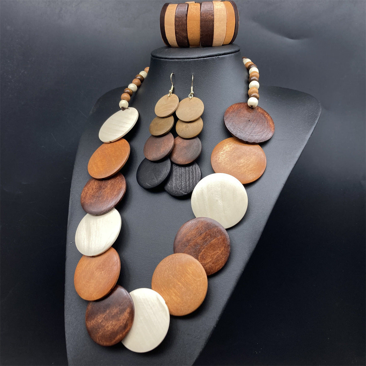 Rustic Bohemian 3-Piece Jewelry Set, Vintage Wooden Necklace, Earrings, and Bracelet Combo, Ethnic Style Wooden Accessory Kit for Women