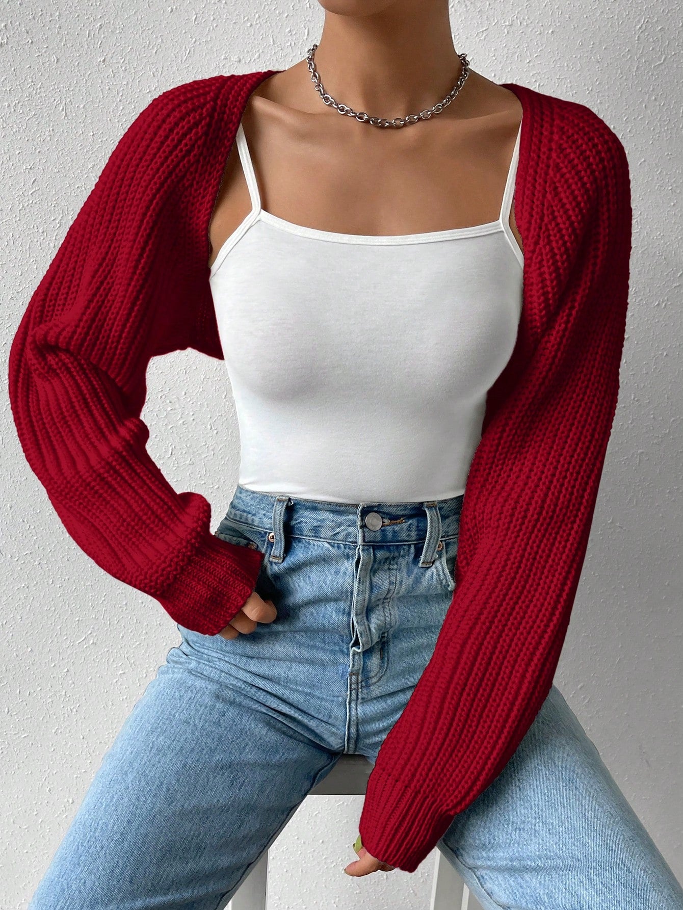 NEW EZwear Balletcore Ribbed Knit Raglan Sleeve Shrug Crop Cardigan Without Cami Top