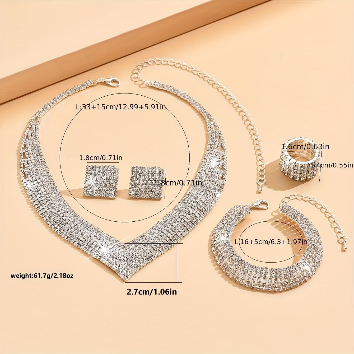 5pcs Earrings Necklace Bracelet Plus Ring Dupes Luxury Jewelry Set Silver Plated Paved Shining Rhinestone Wedding/ Party Accessories