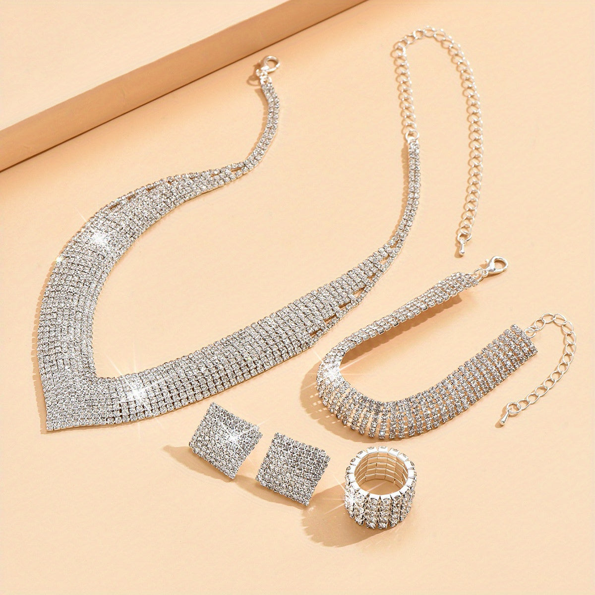 5pcs Earrings Necklace Bracelet Plus Ring Dupes Luxury Jewelry Set Silver Plated Paved Shining Rhinestone Wedding/ Party Accessories