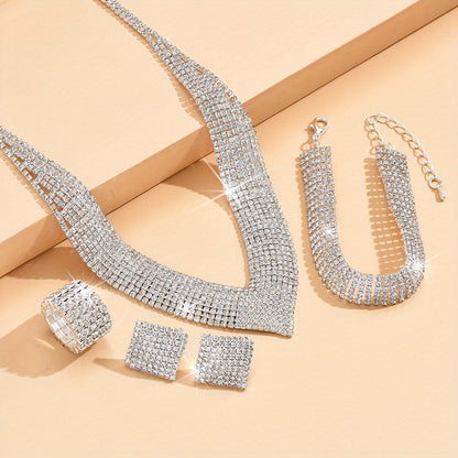 5pcs Earrings Necklace Bracelet Plus Ring Dupes Luxury Jewelry Set Silver Plated Paved Shining Rhinestone Wedding/ Party Accessories