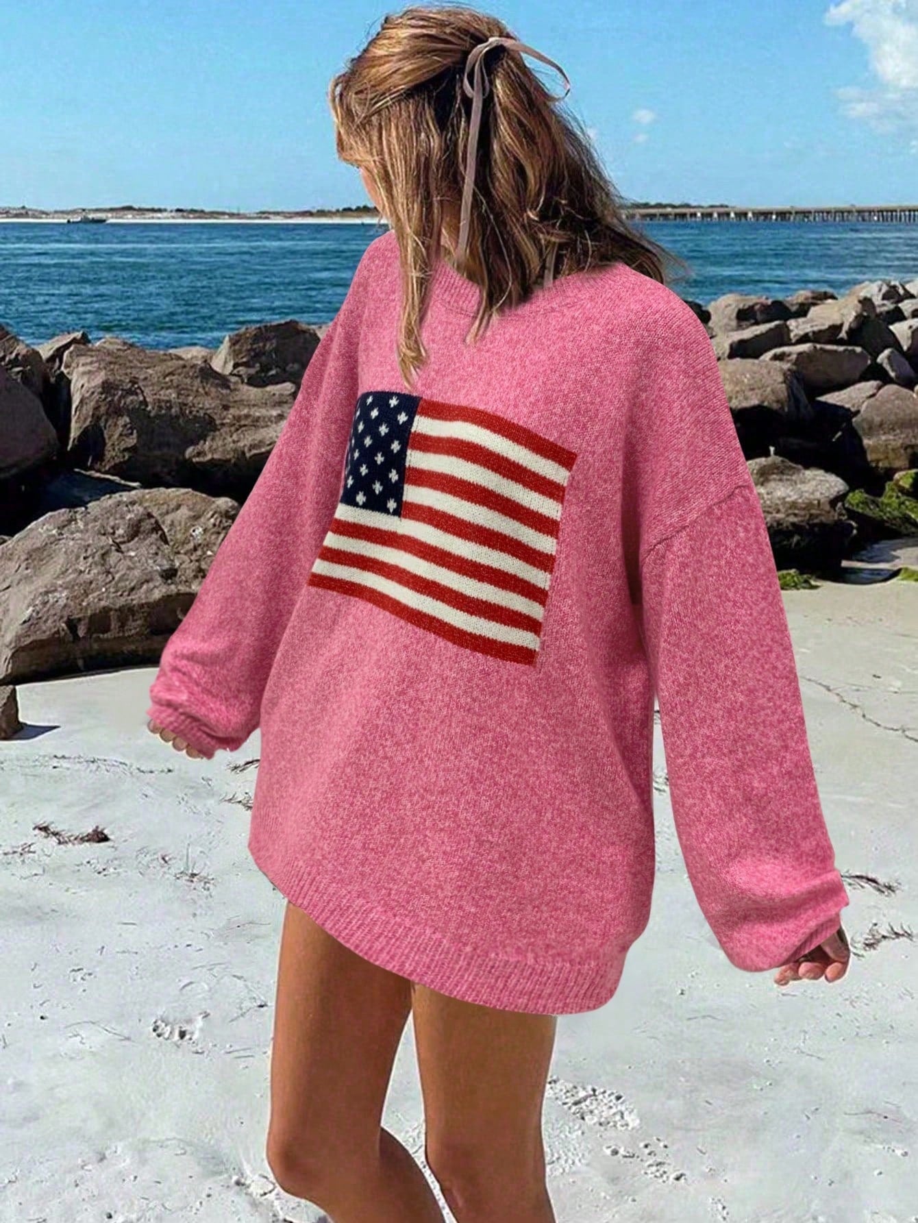 NEW Essnce Usa Flag Design Drop Shoulder Sweater