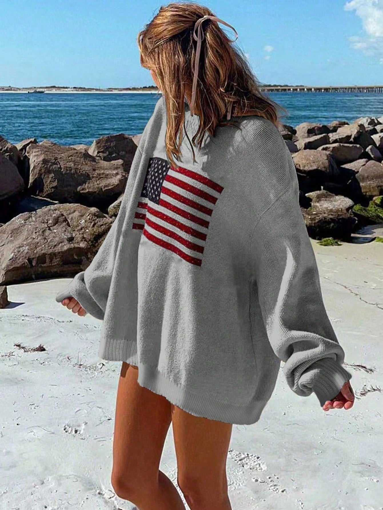 NEW Essnce Usa Flag Design Drop Shoulder Sweater