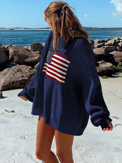 NEW Essnce Usa Flag Design Drop Shoulder Sweater